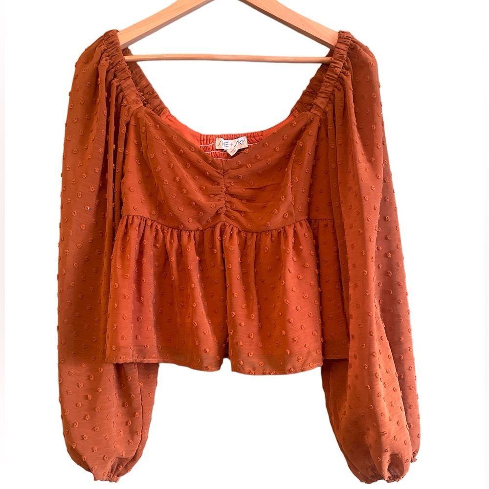 She + Sky Orange Polka Dot Boho Cropped Peplum Balloon Sleeve Top Sz M
